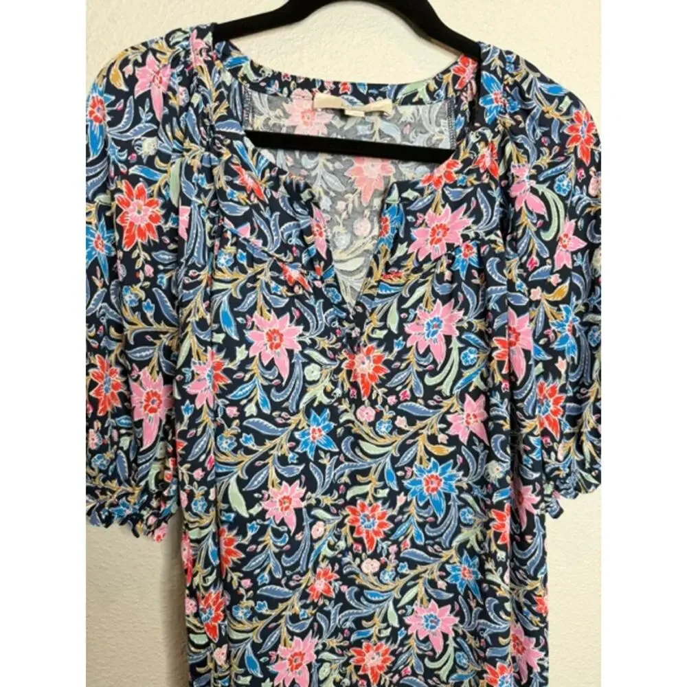 Loft Deep V-Neck Colorful Floral Blouse Puff Sleeve Sz Large